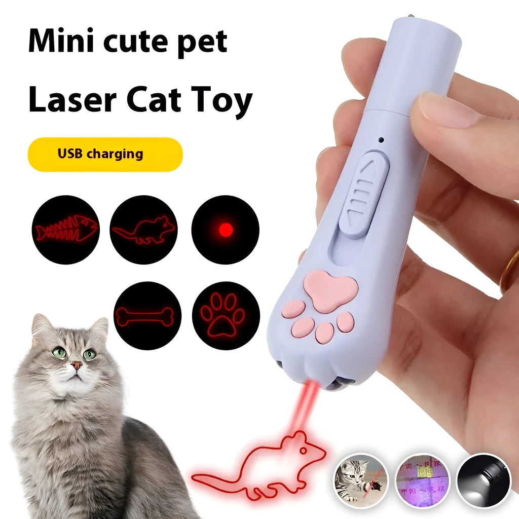 Colourful plastic cat tease wand with laser patterns and removable footprint tip for indoor pet play