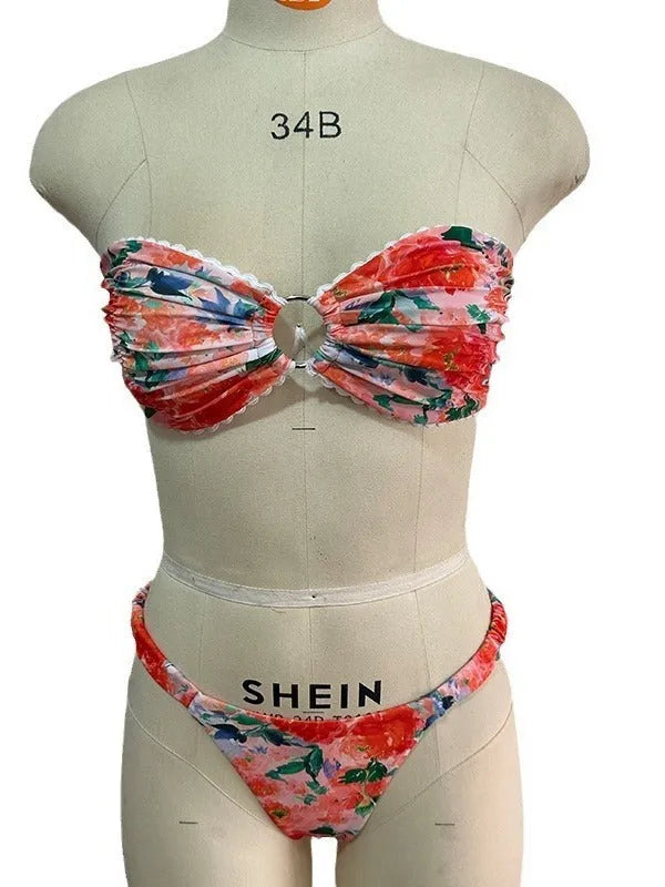 European and American style printed tube top bikini set with lace detailing and floral patterns