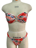 European and American style printed tube top bikini set with lace detailing and floral patterns