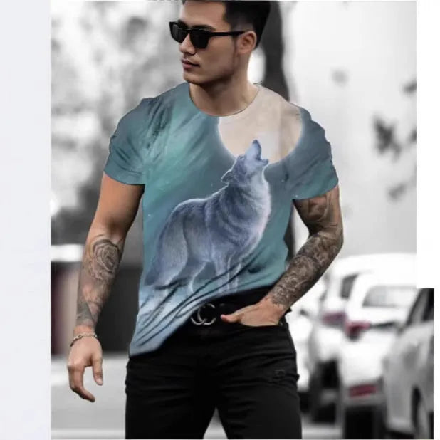 Man wearing a short-sleeved grey t-shirt with a retro 3D graphic print of a wild animal on the front.