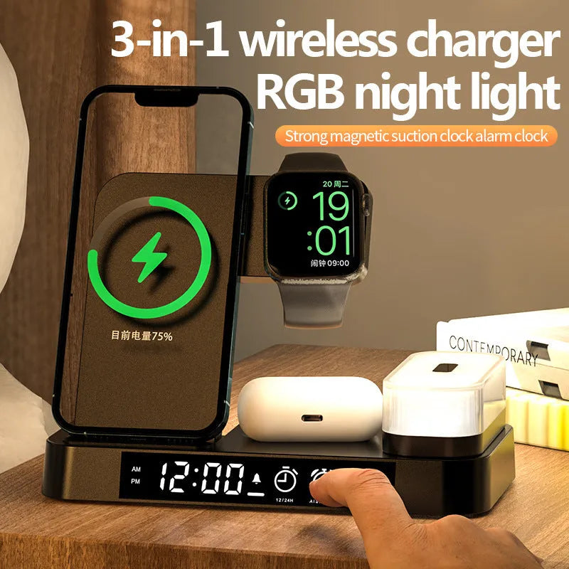 White foldable wireless charging station showing phone charging pad, watch charger, alarm clock display and RGB night light