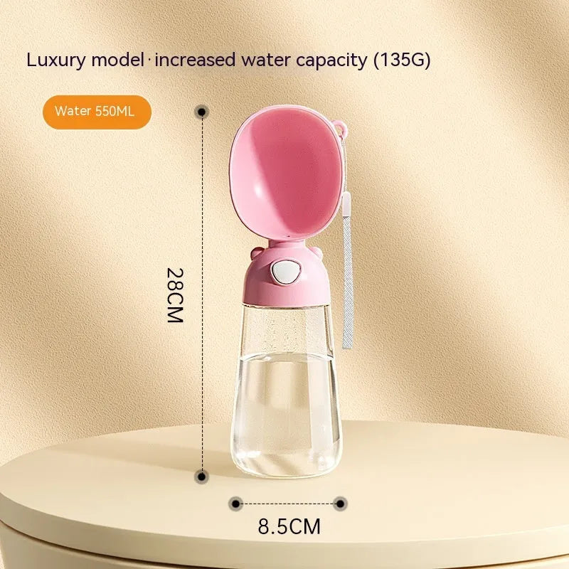 Portable dog water bottle with attached feeding bowl in yellow, pink and brown colour options