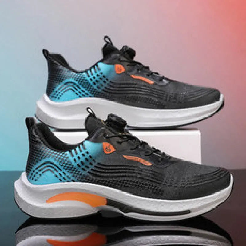 Low-top mesh sneaker with rotating buckle closure in black and blue colour combination