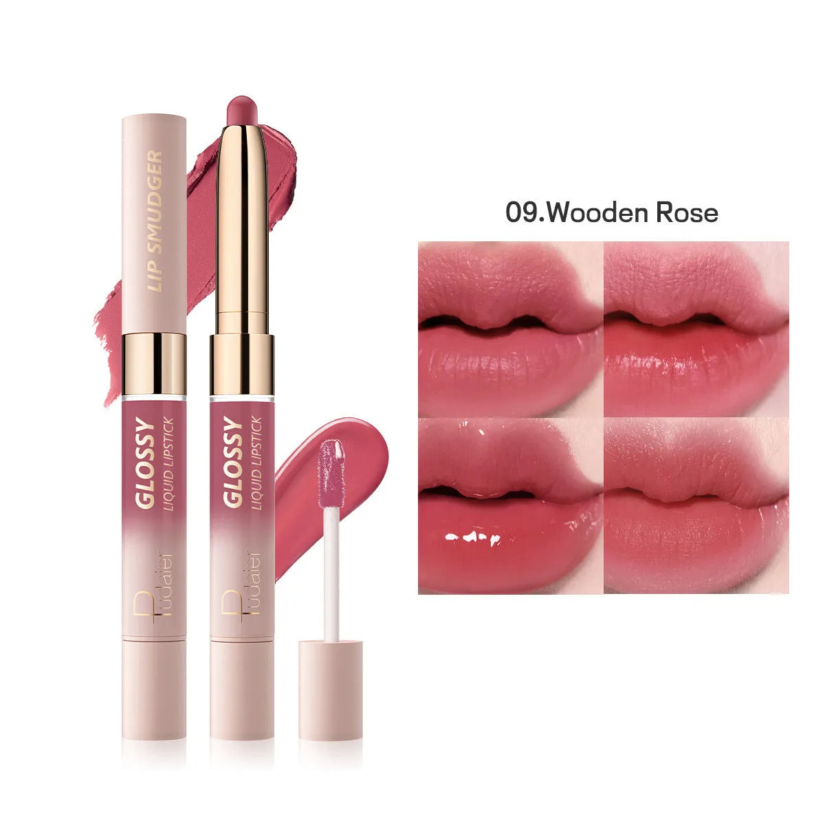 Double-headed lipstick showing matte finish on one end and matching gloss on the other