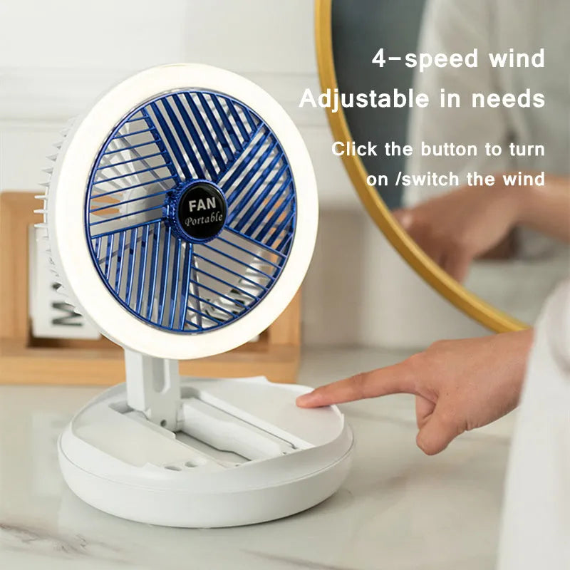 Blue foldable USB desk fan with LED light shown in wall-mounted and desk positions
