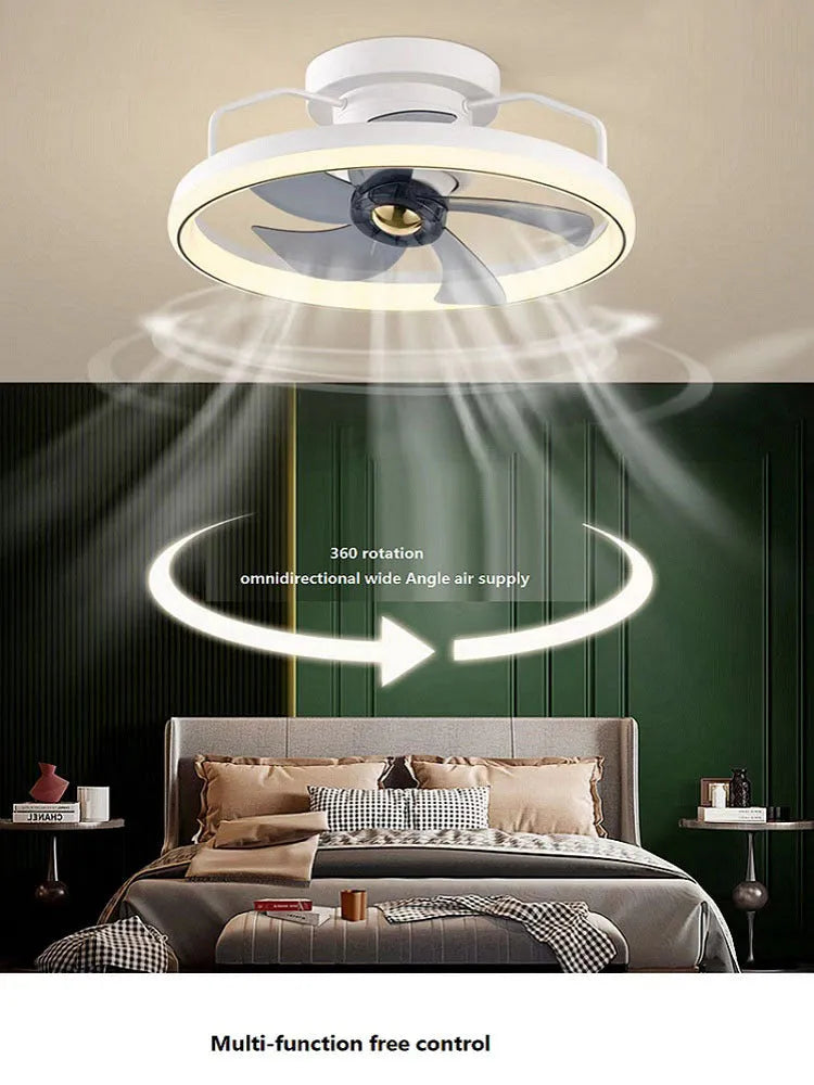 Modern ceiling fan light with light on, showing white PC blades and acrylic lampshade