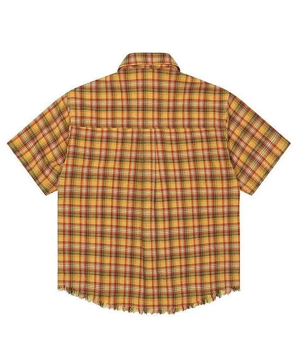 Yellow grid plaid short sleeve shirt with embroidery pocket detail in loose fit