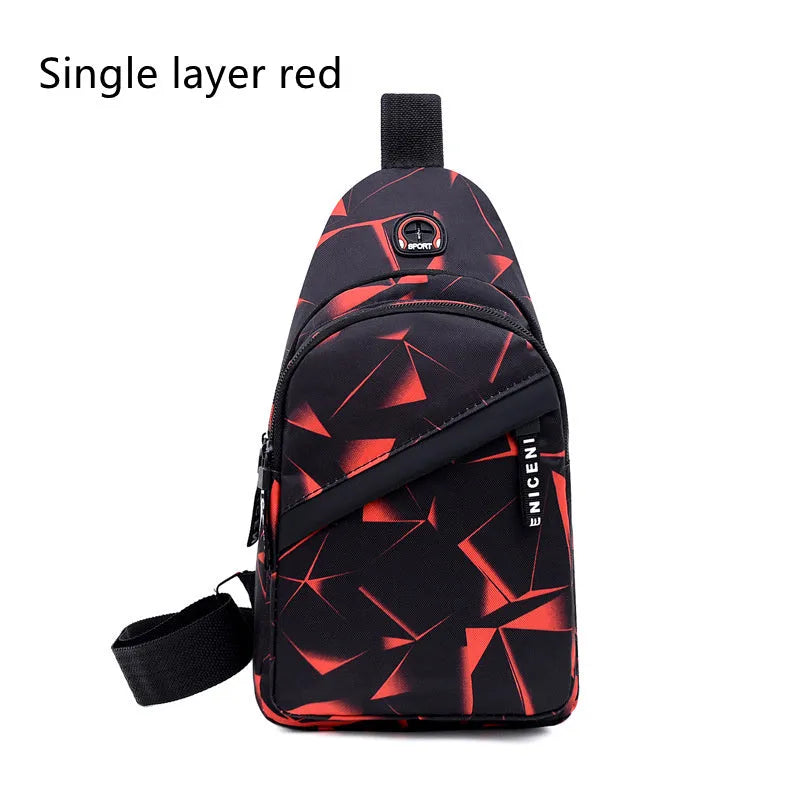 Men's Oxford cloth sling chest bag with earphone hole showing crossbody strap and zipper closure