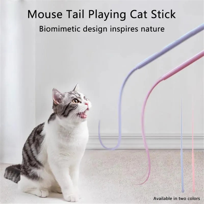 Blue silicone mouse tail cat toy with ABS handle for interactive pet play