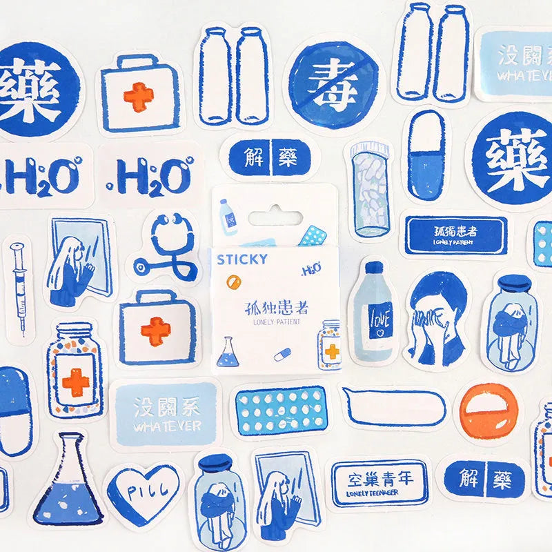 Open box showing 46 small cartoon pattern stickers for journal decoration, themes include Girlhood and Bubble Comic.
