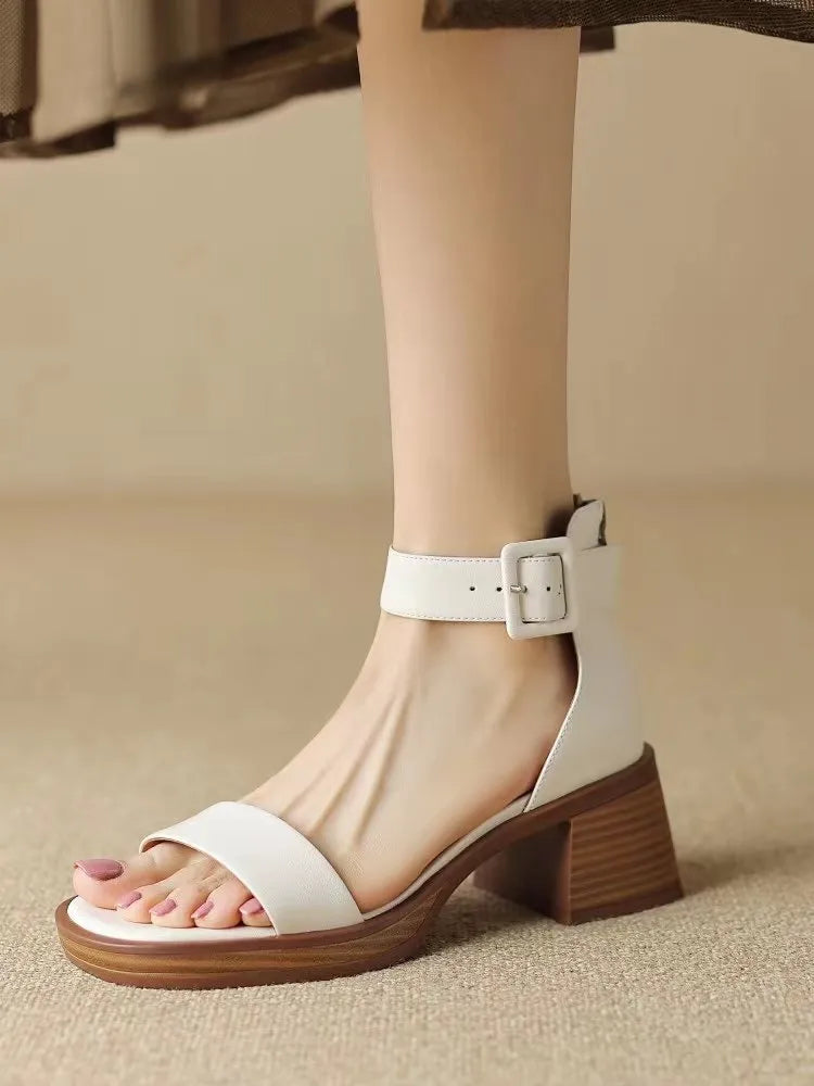 Women's retro ankle-strap platform high heels in white or khaki with round toe