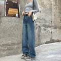 Women's retro blue straight leg jeans with high waist and non-stretch cotton denim fabric in three length variations
