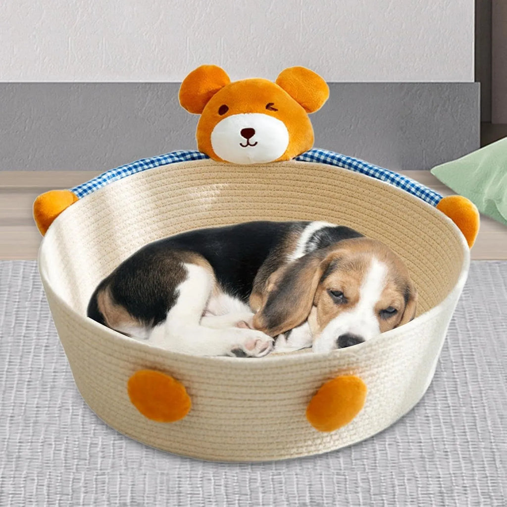 Woven cotton rope cat nest bed with scratching board in bear design for indoor pets
