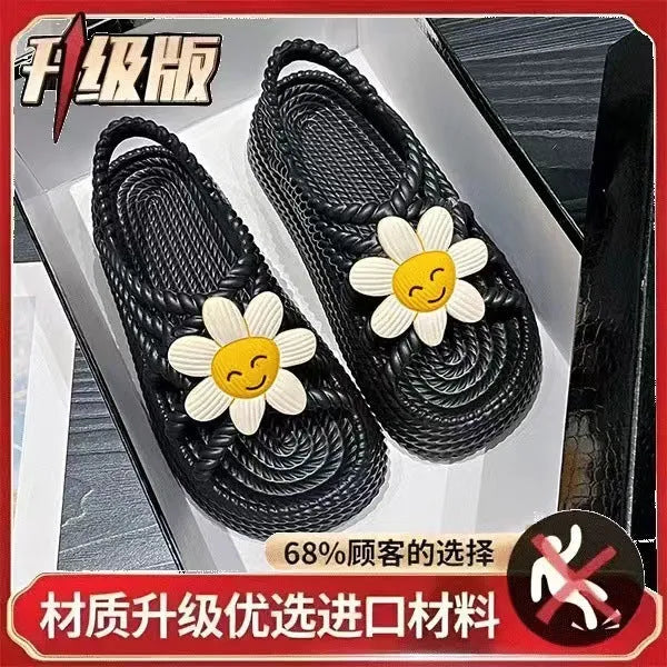 Beige women's round-toe sandals with sunflower pattern and non-slip PVC sole.