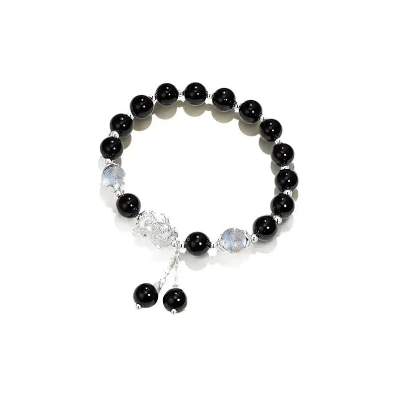 Natural black agate couple bracelet with 10mm wave beads and grey opal accents