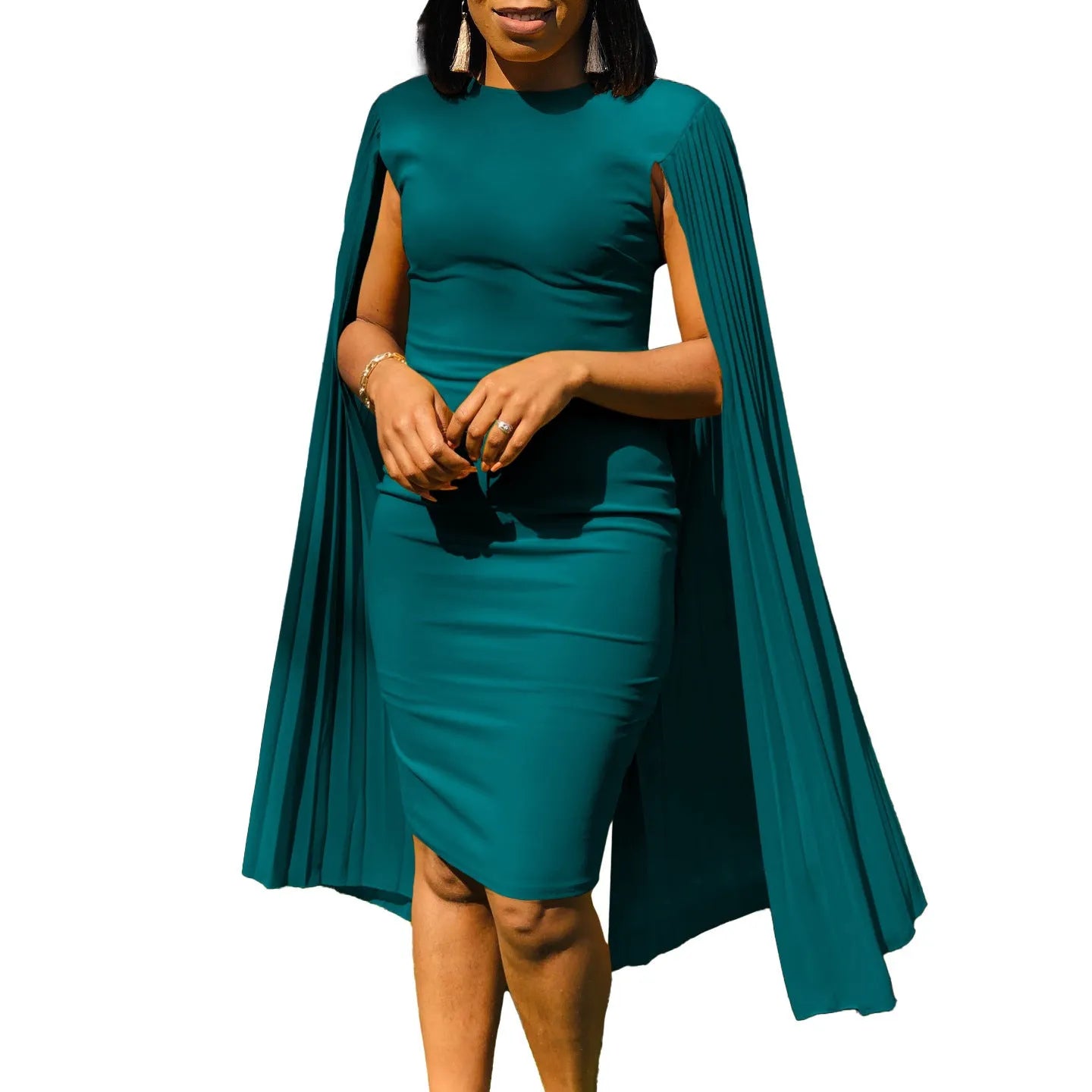 Long sleeve evening dress with pleated shawl detail in red, shown with high waist