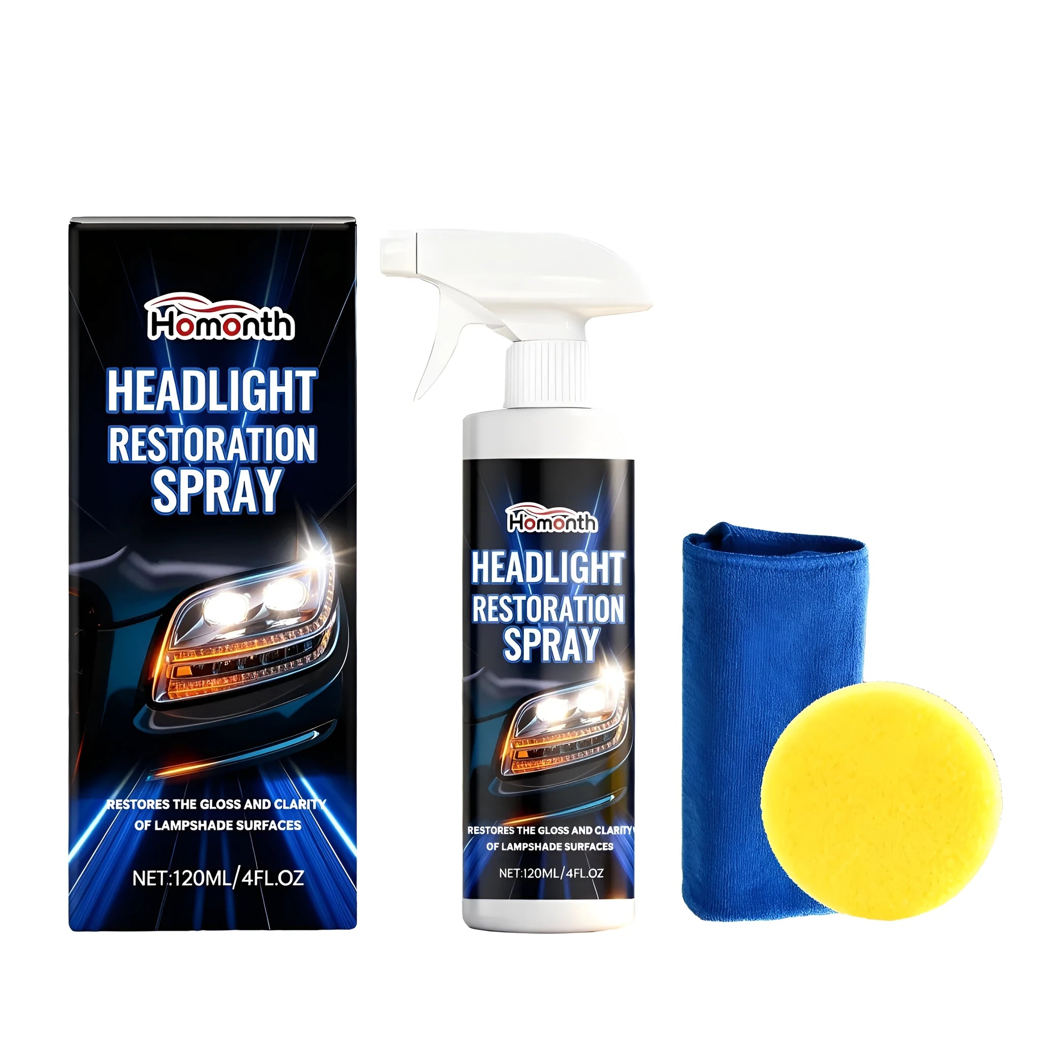 HOMONTH headlight restoration spray kit with 120ml bottle, sponge, and microfiber towel