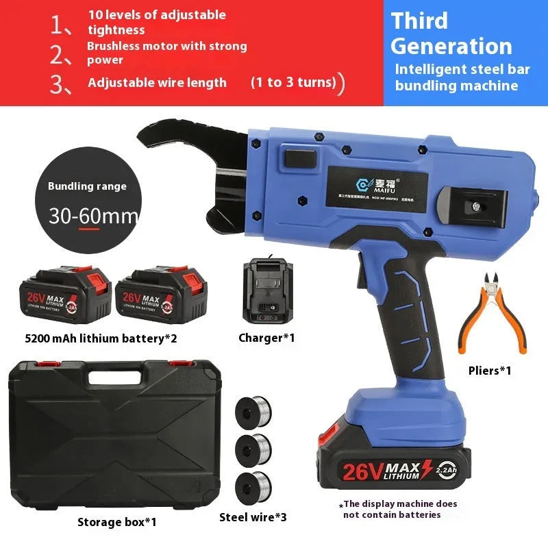 Fully automatic electric steel bar tying machine with battery on a construction site.
