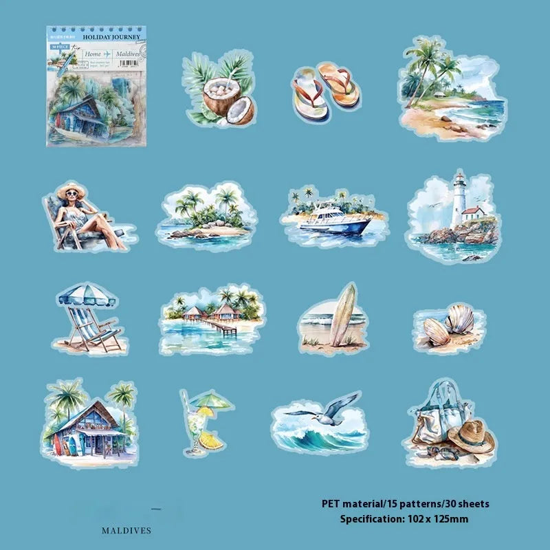 Holiday Journey Series architecture journal stickers in retro style showing six international landmark designs