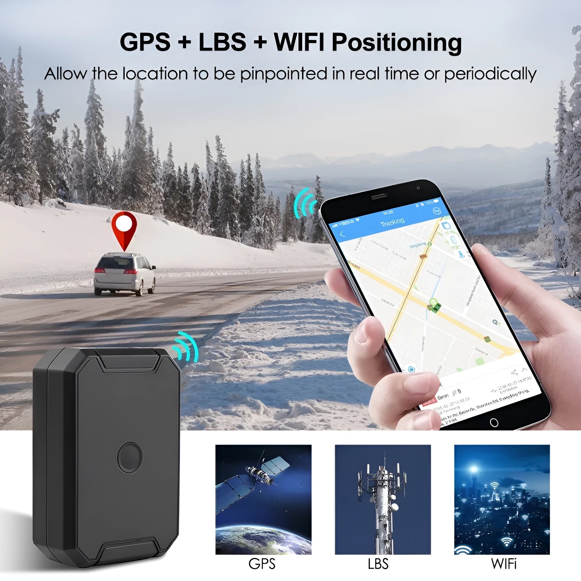 Black GPS car locator device with 6000mAh battery for long standby life.