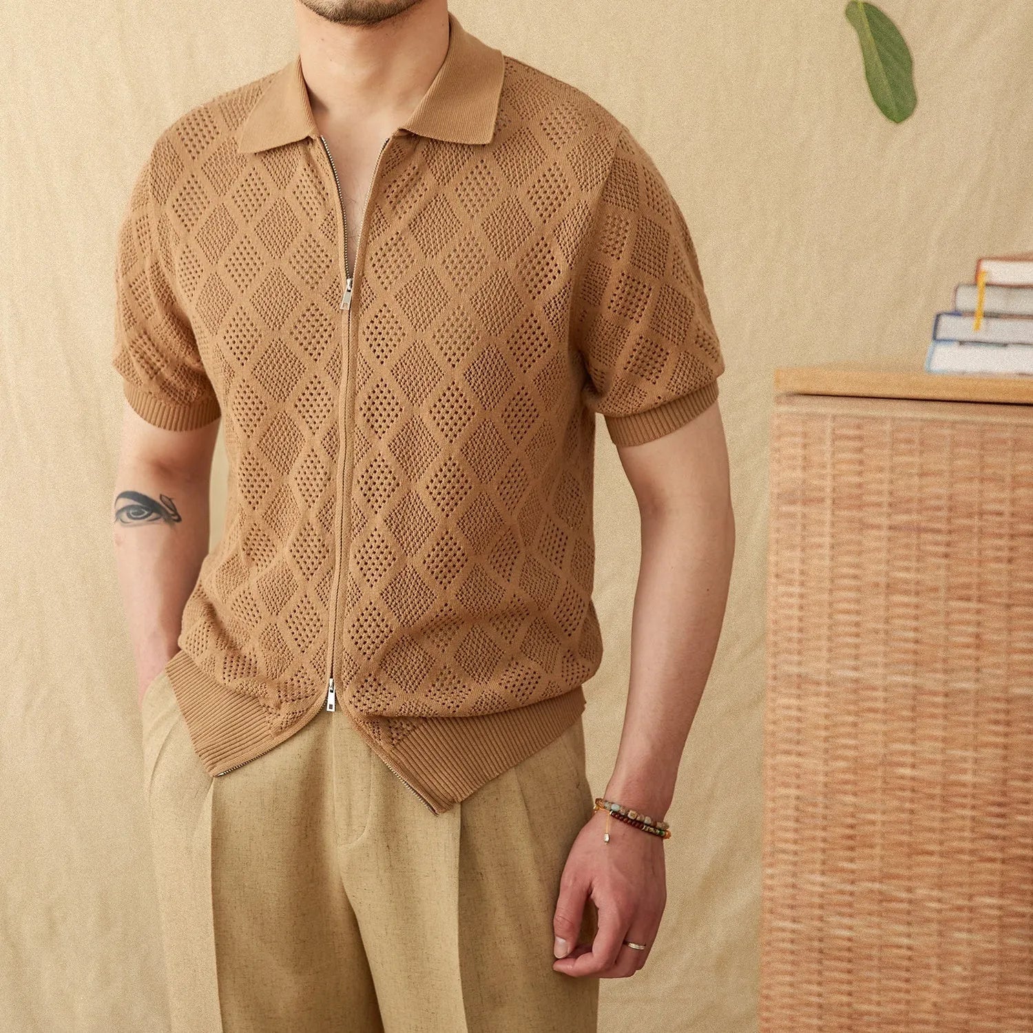 Men's light brown cotton short sleeve cardigan with front zipper and lapel collar showing Asian sizing label
