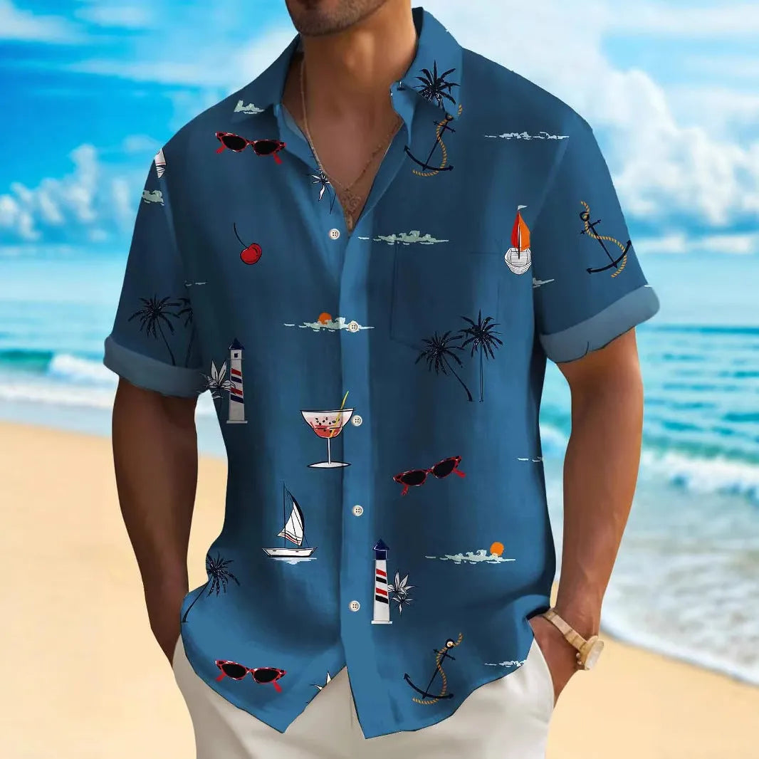Men's short sleeve Hawaiian print shirt with colourful pattern on polyester fabric.