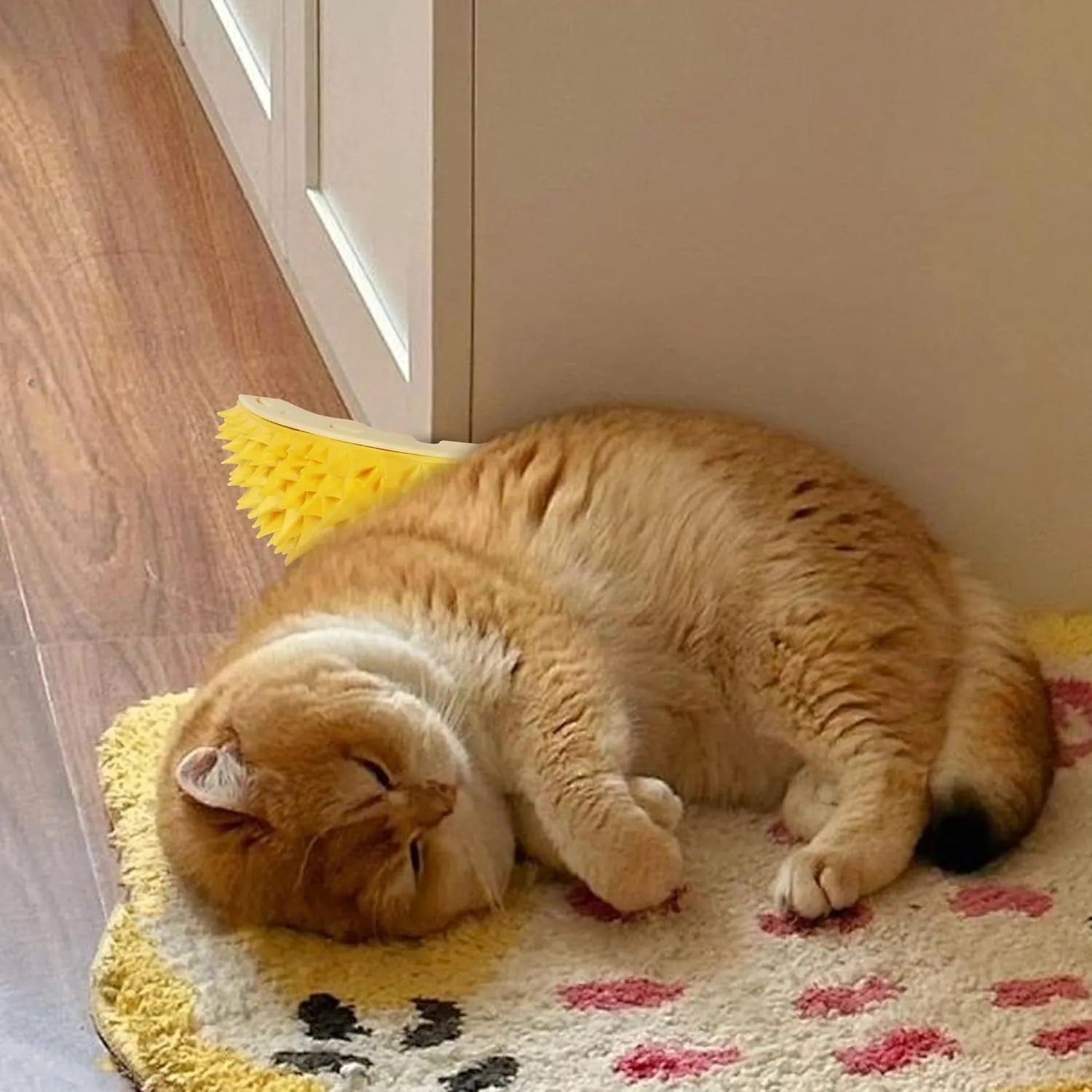 Yellow durian-shaped cat corner scratcher with textured surface and packet of cat mint powder