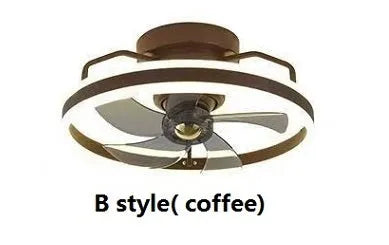 Modern ceiling fan light with light on, showing white PC blades and acrylic lampshade