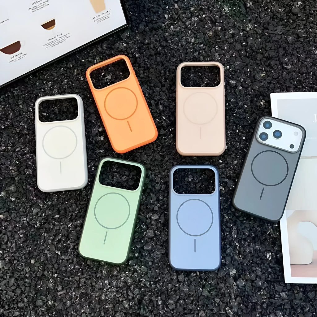 Frosted blue magnetic protective case for Apple iPhone 16 and 17 series phones on a white background.