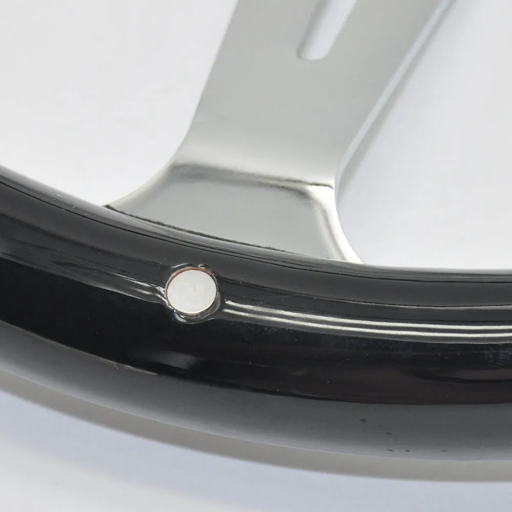 Classic car black wood steering wheel with electroplated finish showing 6-hole mounting pattern