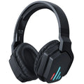 Luminous black wireless gaming headphones with over-ear design showing head-mounted construction