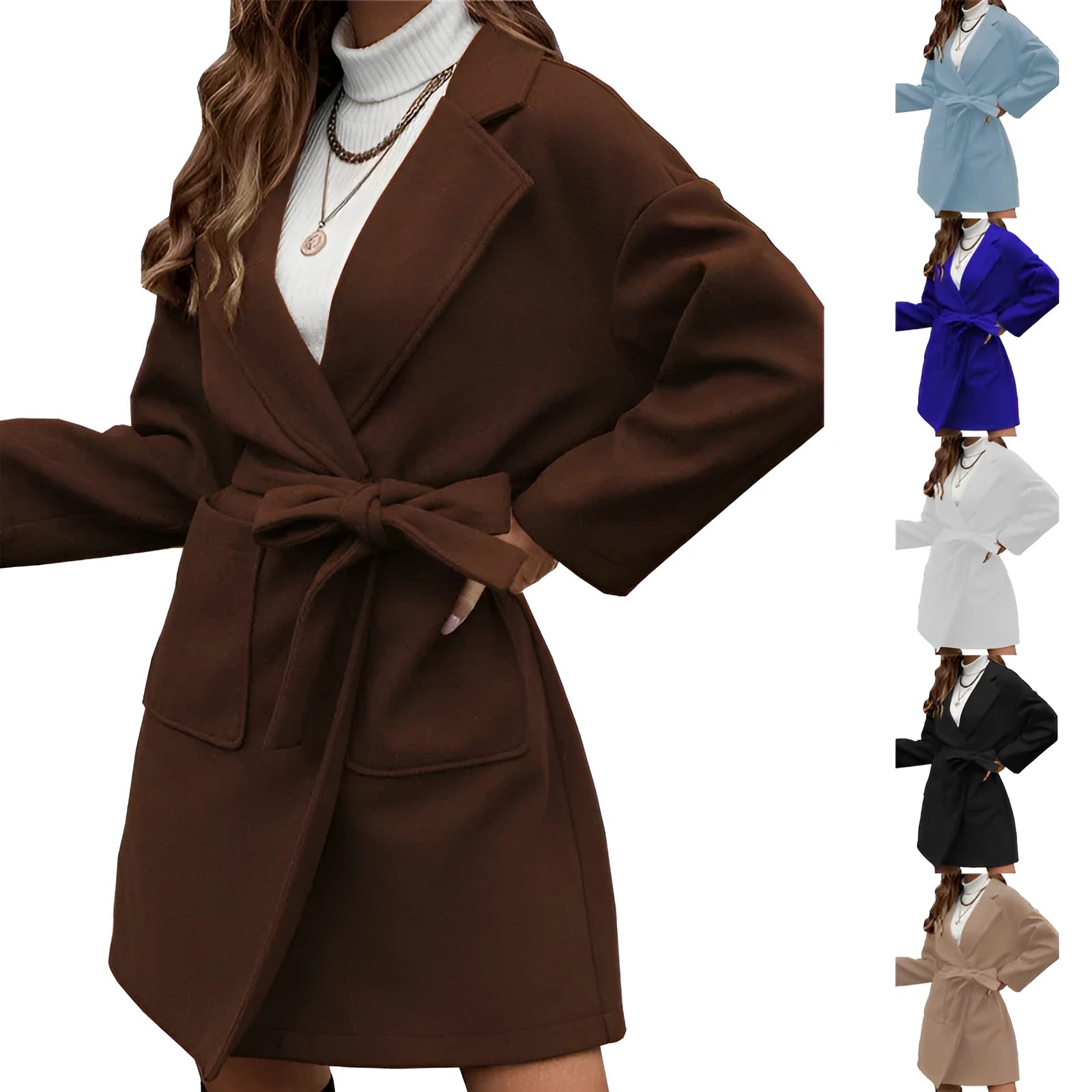 Minimalist long sleeve belted coat in thick polyester fabric shown in a light blue colour.