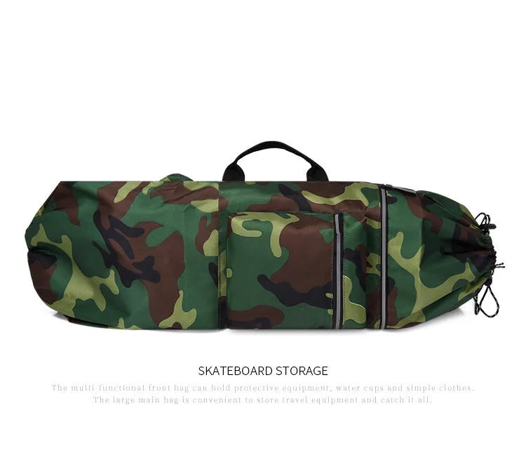 Waterproof nylon skateboard backpack in camouflage, showing large capacity for fishing rods and sports gear.