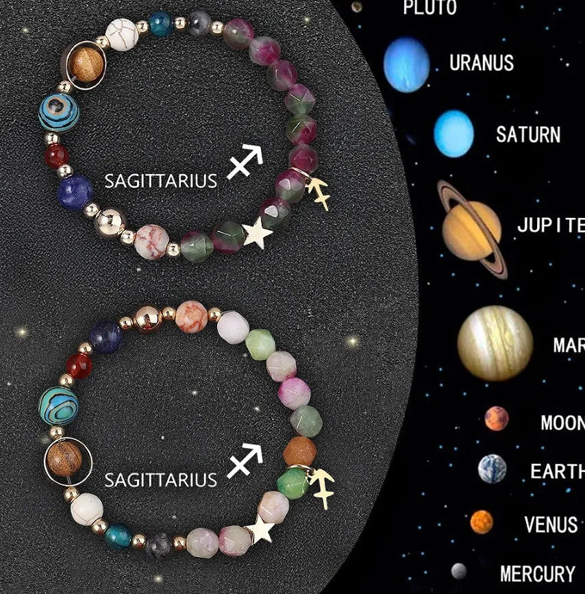 Natural stone beaded bracelets with zodiac symbols on stretchy elastic cord, showing two bracelets in set.
