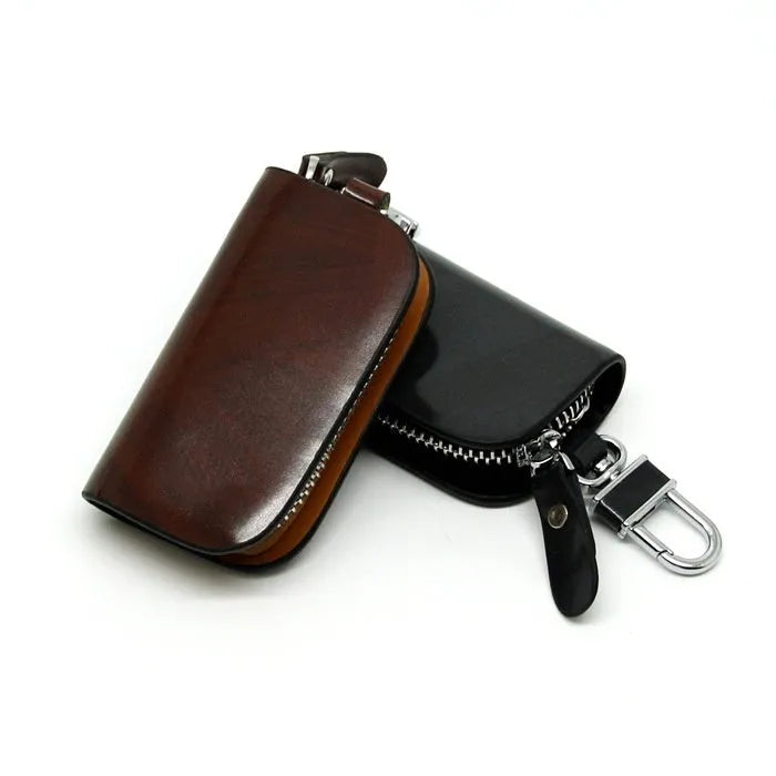 Genuine leather car key case with frosted finish in black or brown colour.