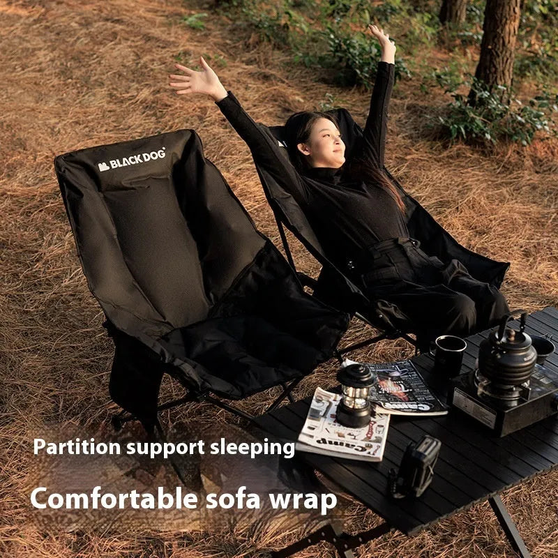 Night Black Oxford cloth camping moon chair folded and unfolded showing portable design