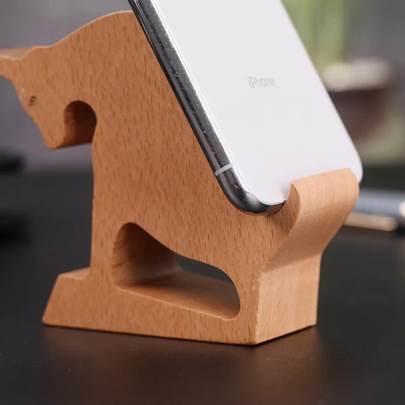 Resin mobile phone holder with beech wood animal design and coin storage compartment
