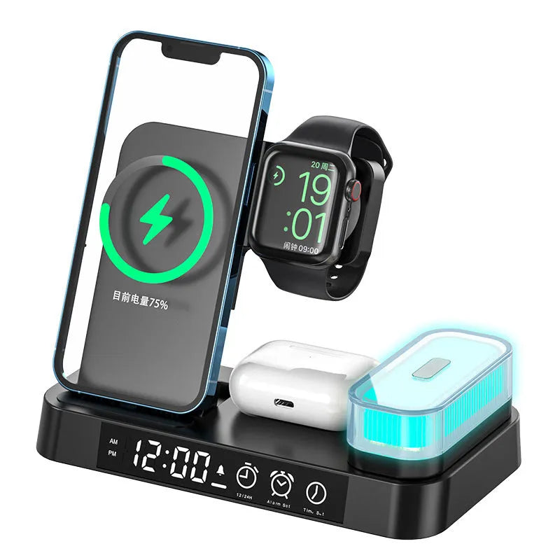 White foldable wireless charging station showing phone charging pad, watch charger, alarm clock display and RGB night light