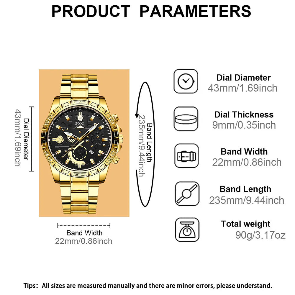 Men's gold business quartz watch with stainless steel bracelet and calendar function