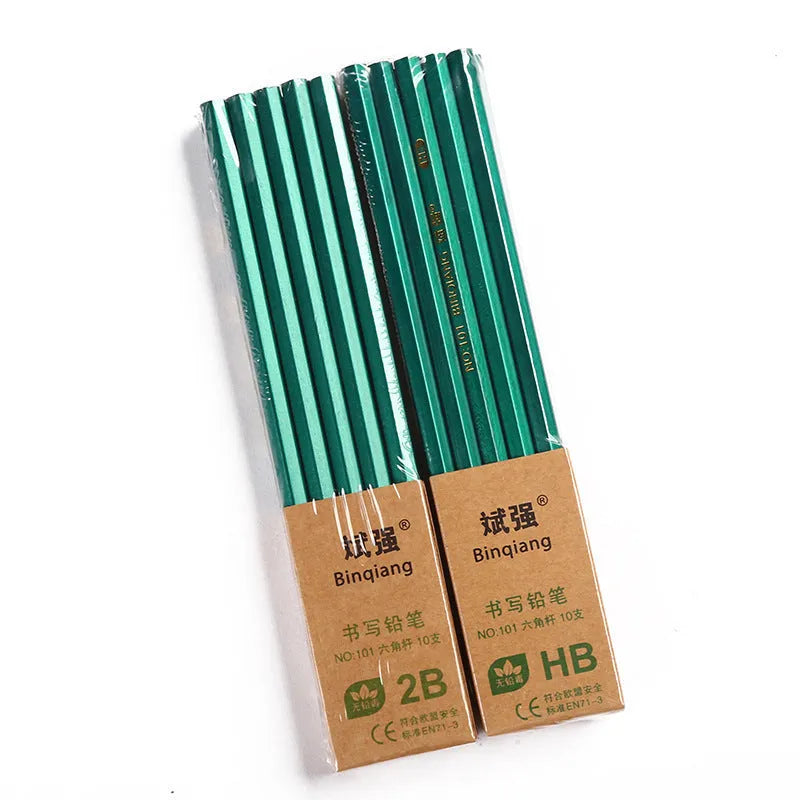Green hexagonal wooden pencils with HB and 2B graphite grades in set of 10