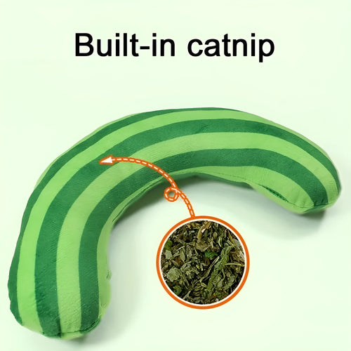 Striped pattern cat toy pillow with noise maker and built-in catnip measuring 23cm by 20cm