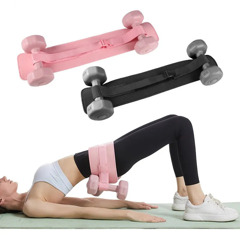 Black and pink weight-bearing hip bridge training belt for dumbbell barbell exercises with lumbar support