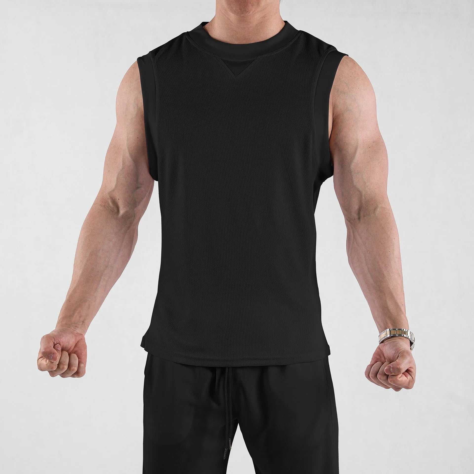Men's white and black chemical fibre fitness vest with loose fit Asian sizing for summer sports