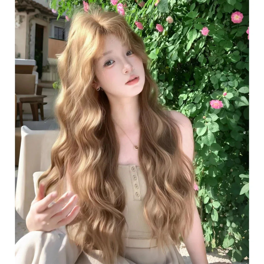 Medium length brown linen curly synthetic wig displayed with included hair net