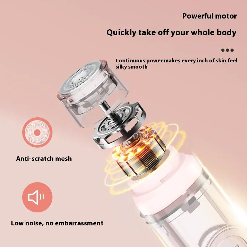 Pink and white portable electric body hair trimmer depilator with USB charging cable on a plain background.