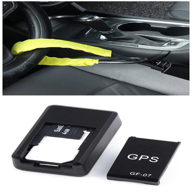 Black mini magnetic GPS car tracker device with dimensions 35x20x14mm