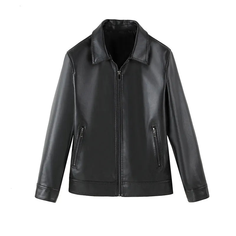 Men's black loose fit PU leather casual jacket with zip front