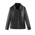 Men's black loose fit PU leather casual jacket with zip front