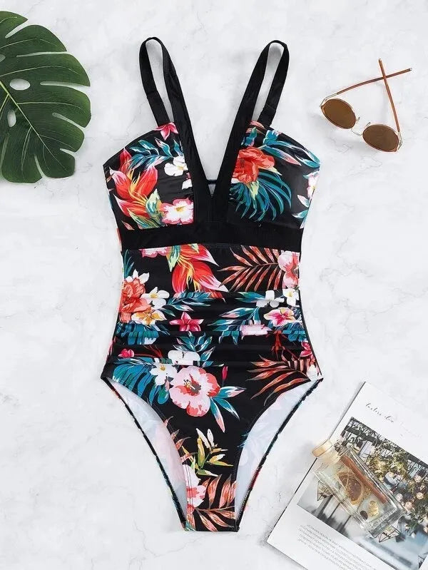 Women's floral print one-piece swimsuit in multiple colour options