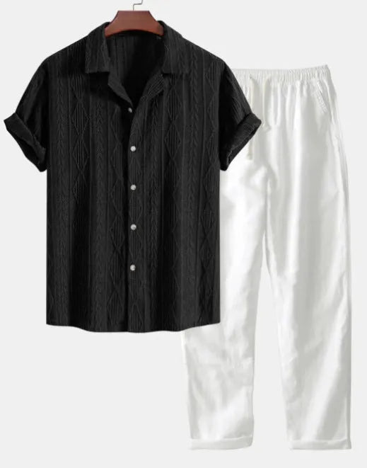 Linen polyester casual suit set with digital camouflage print, showing short sleeve shirt and trousers in slim fit